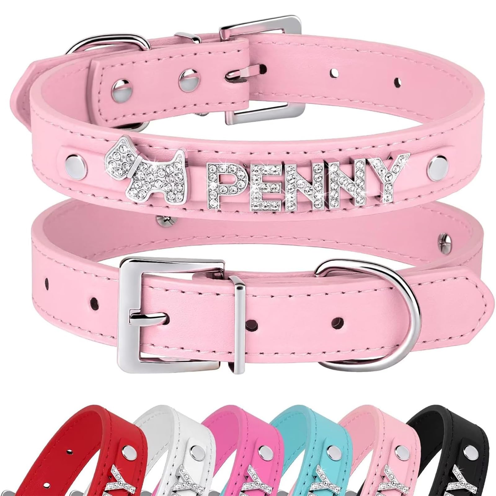 Collar Personalizado para Perro con Nombre de Diamantes de Imitación Brillantes,Collar Ajustable de Cuero Sintético con Anilla en D para Perros Pequeños,medianos y Grandes (4 Tallas Disponibles)