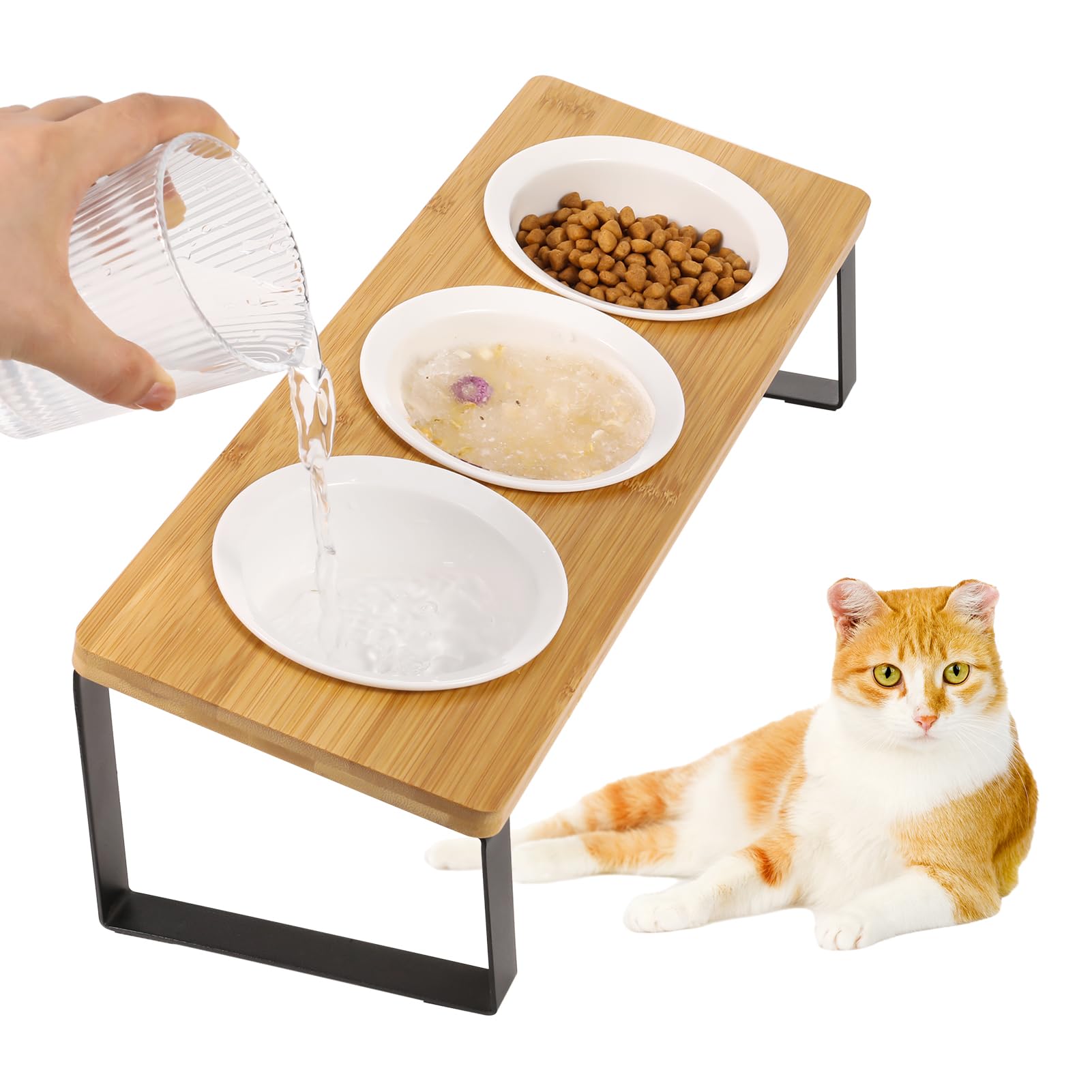 3 Elevated Cat Food Water Bowls, 15° Tilted Raised Ceramic Cat Feeding Dishes with Bamboo Stand Anti Vomiting for Indoor Cats Puppy Kitty Whisker Fatigue, Protect Pet's Spine, Non-Slip