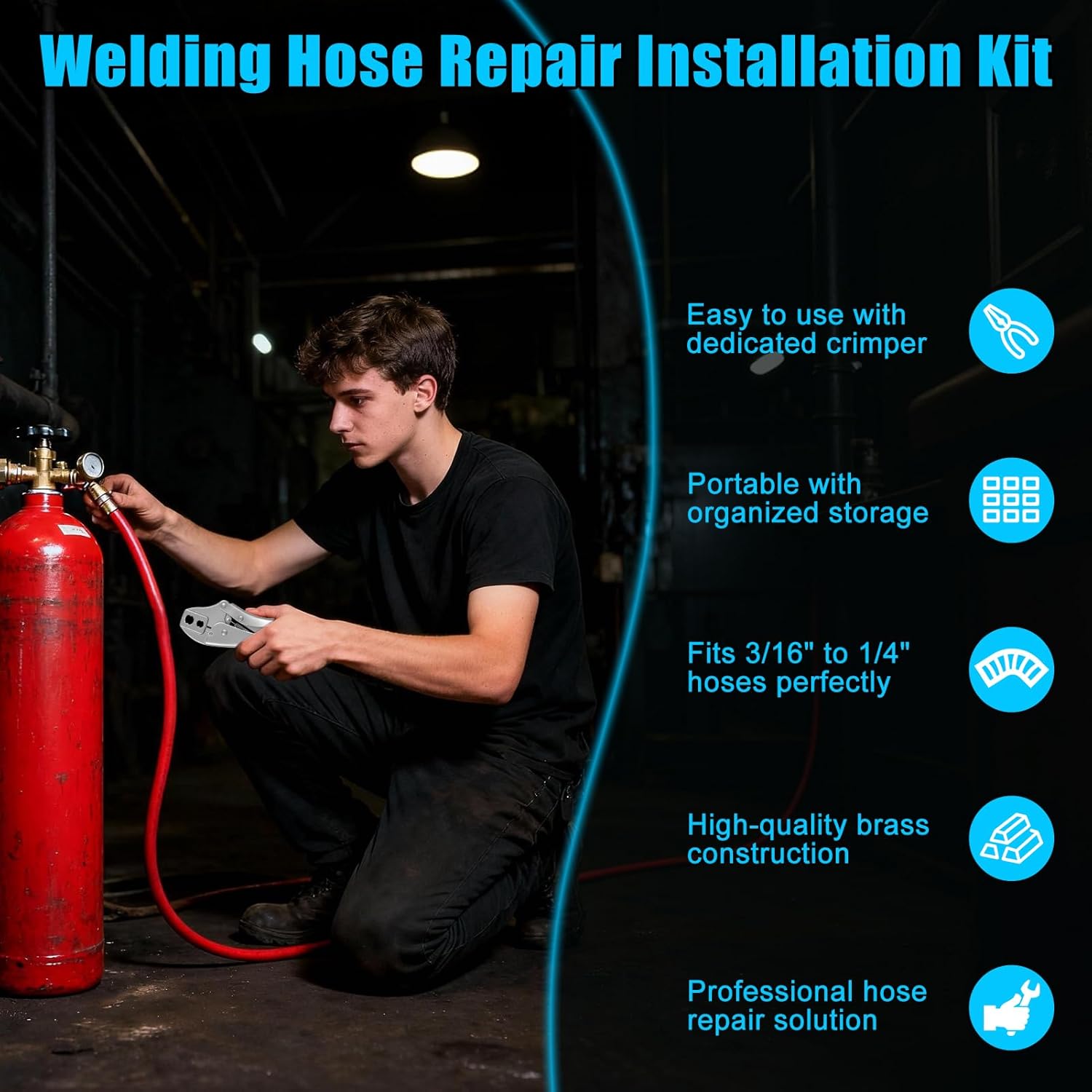 49Pcs Hose Repair Kit with Hose Crimper and Hose Crimping Tool, Welding Hose Repair Kit for 3/16-1/4in ID Air Pipe, Torch Hose Repair Kit, Oxygen Acetylene Torch Kit