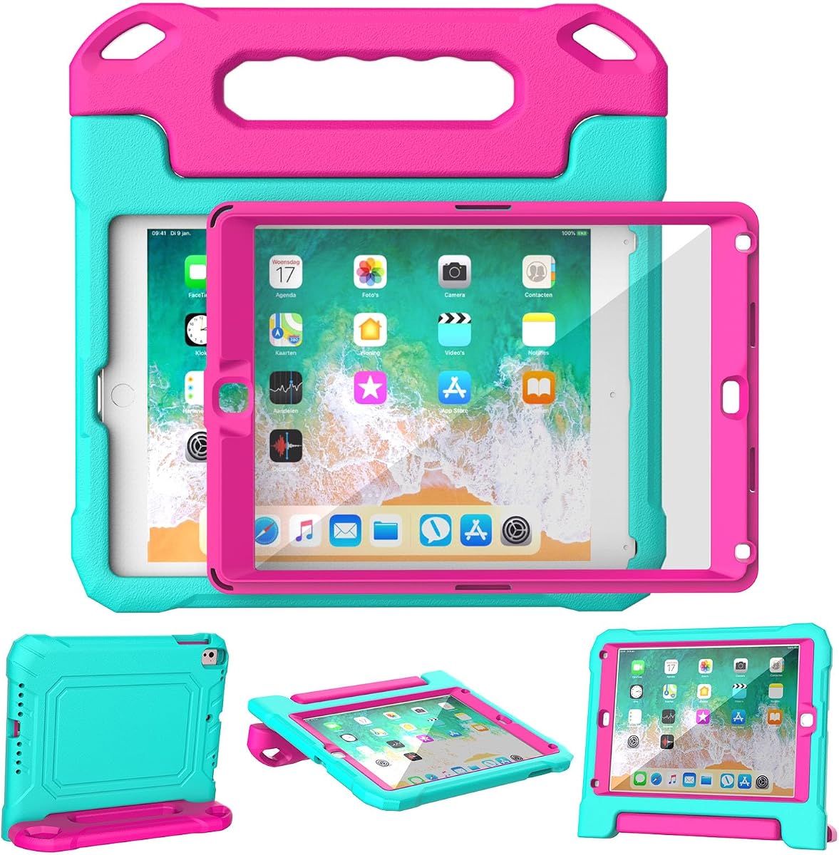 YIHE Kids Case for iPad 9.7" 6th/5th Gen, Air 2nd/1st, Pro 9.7", Cyan&Pink | Full Body Shockproof Tablet Cover, Handle Stand, Built-in Screen Protector, Anti-slip, Scratch Resistant, Fun Colors