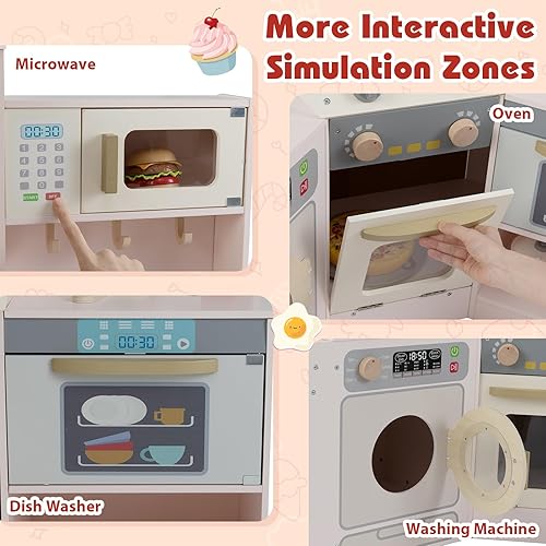 Miniatura 5 de Costzon Cocina de juego de esquina, cocina grande con luz y sonido reales, cubo de basura extraíble, estufas, microondas, horno, lavadora, juego de