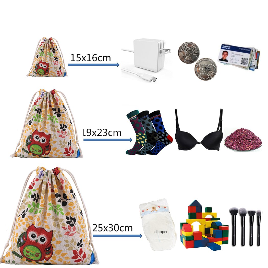 Amoyie – Set borsa per feste viaggio sport, 3 pezzi, sacche coulisse cotone, pochette Make up, sacchetti per pannolini cotone, organizer abiti, giocattoli, matite colorate, gioielli, caramella, regalo