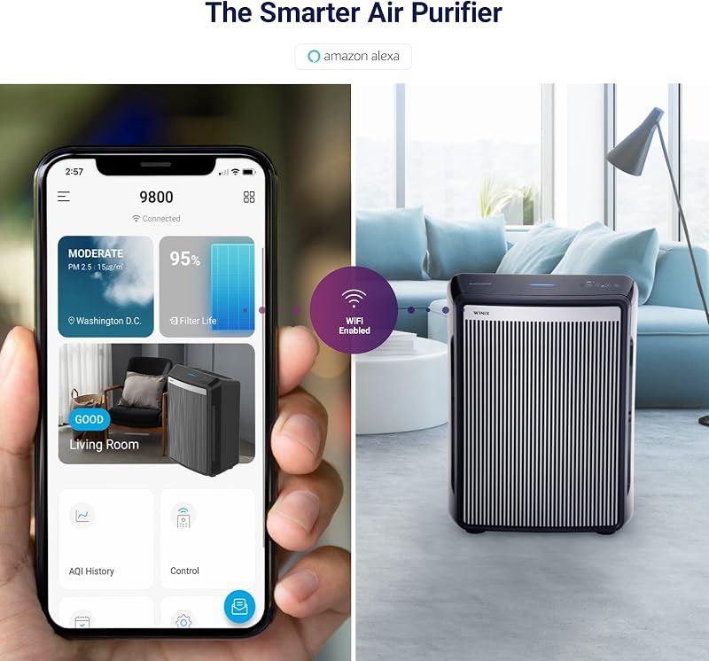 Winix 9800 4-Stage True Hepa Air Purifier with WiFi and PlasmaWave, 500 Sq Ft,Black,Large image 4