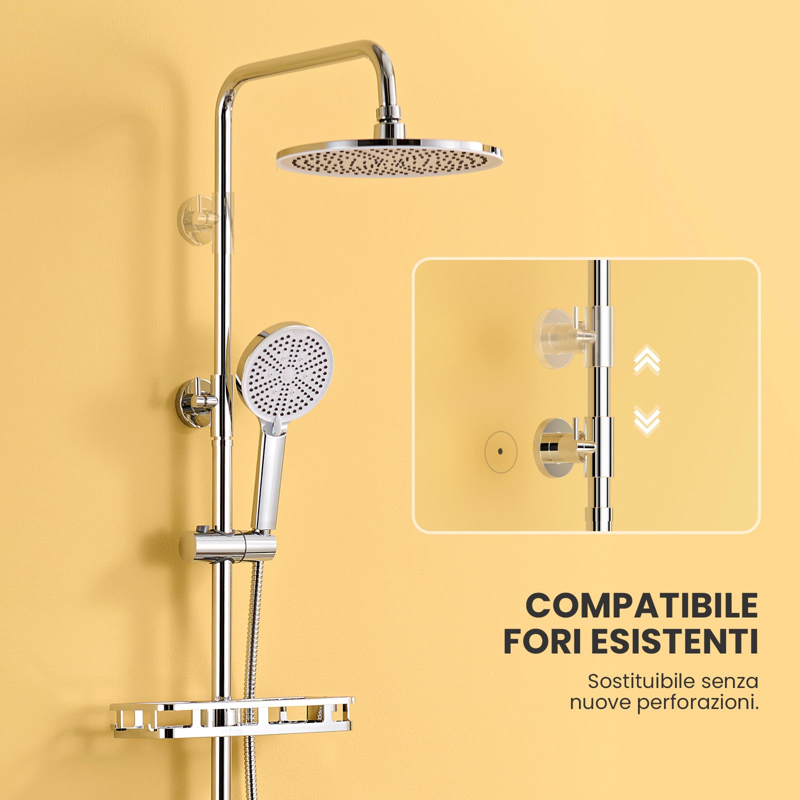 Auralum Colonna Doccia con Mensola Doccia e Soffione Doccia Rotonda 25cm, Colonna Doccia Senza Miscelatore Fori Muro Regolabili, Asta Doccia con Soffione e Doccetta Altezza Regolabile 72-110cm, Cromo
