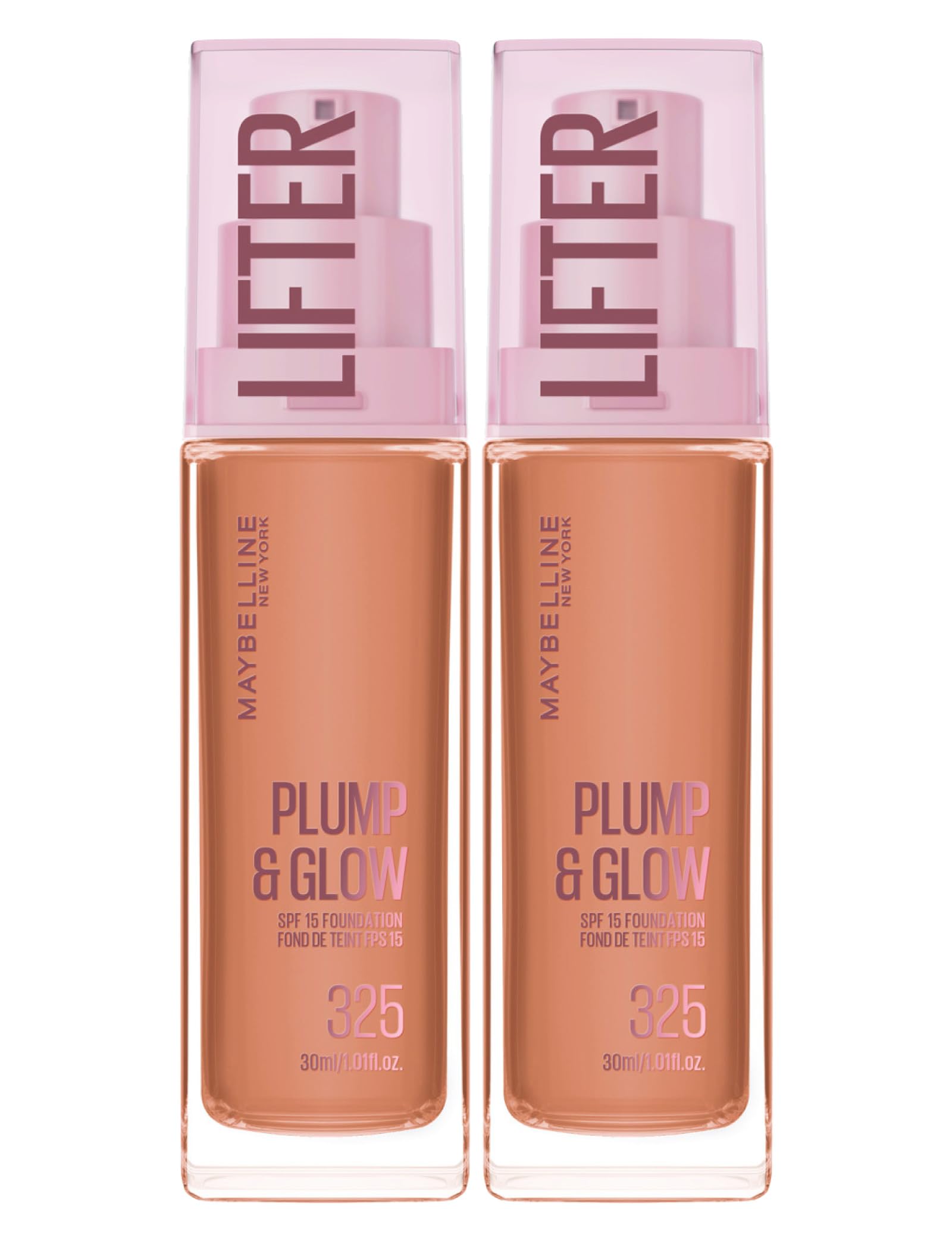 Maybelline New York Lifter Plump & Glow Fondotinta Illuminante Idratante Rimpolpante Finish Naturale per Tutti i Tipi di Pelle SPF 15 Colore 325 Acido Ialuronico e Niacinamide - 2 Flaconi da 30ml