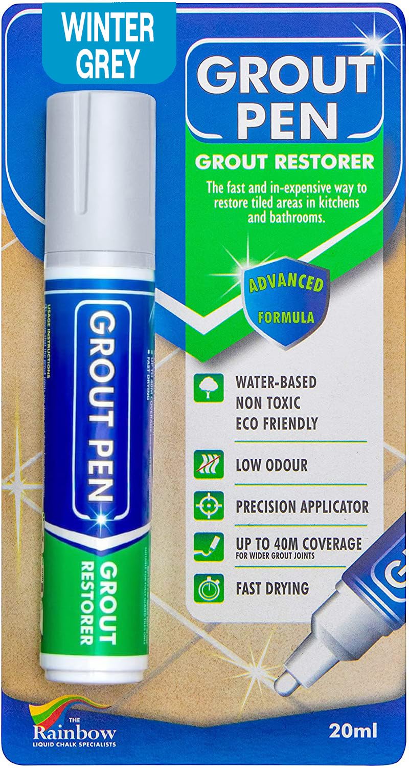 Grout Pen Tile Paint Marker: Waterproof Grout Paint, Tile Grout Colorant and Sealer Pen - Winter Grey, Wide 15mm Tip (20mL)