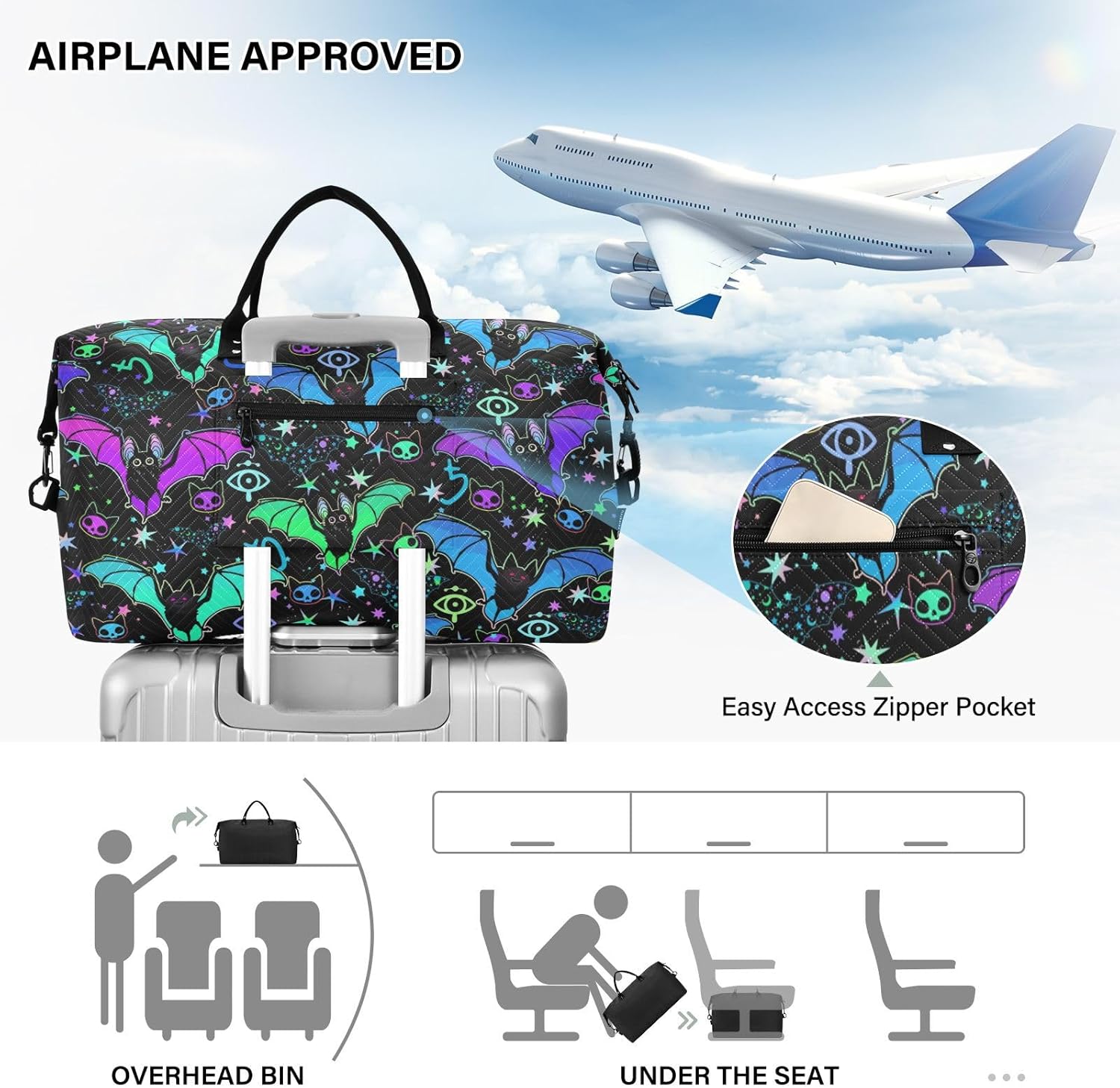 Magic Bat Quilted Travel Bags Weekender Duffle Bags With Toiletry Bag Carry on Overnight Duffels Yoga Gym Bag for Airplanes Business Sports