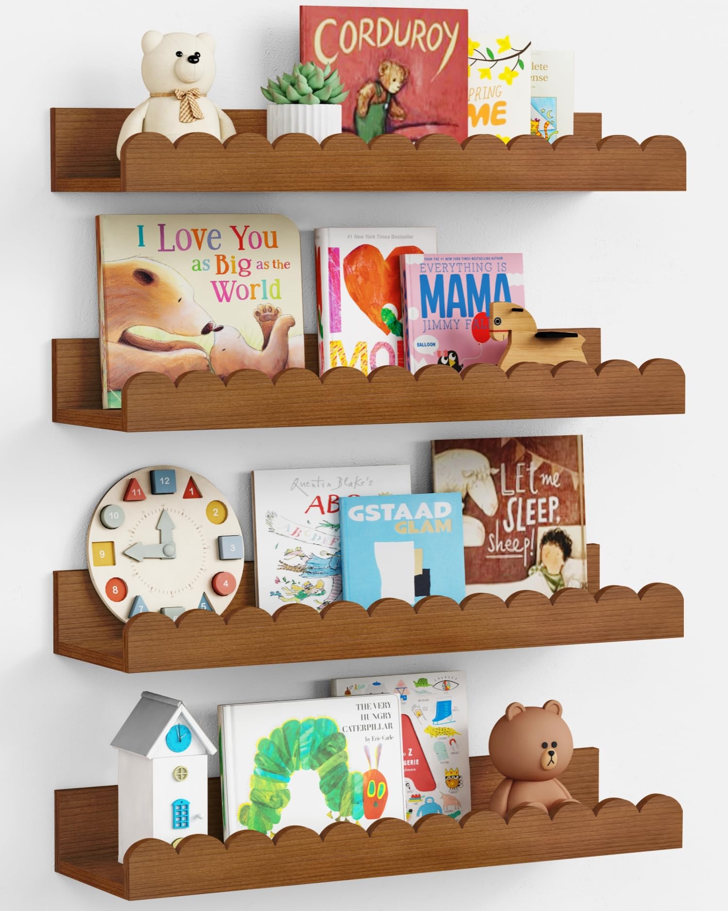 Harwaya Walnut Nursery Book Shelves Wall Set of 4, Dark Wood