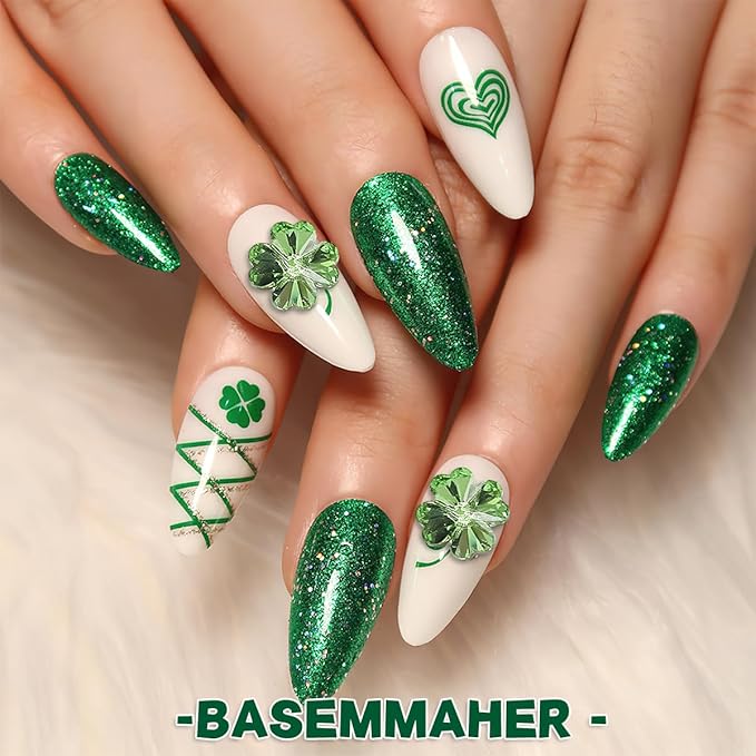 🍀 St. Patrick's Day Nail Charms: 24Pcs Green Shamrock Glitter Nail Art