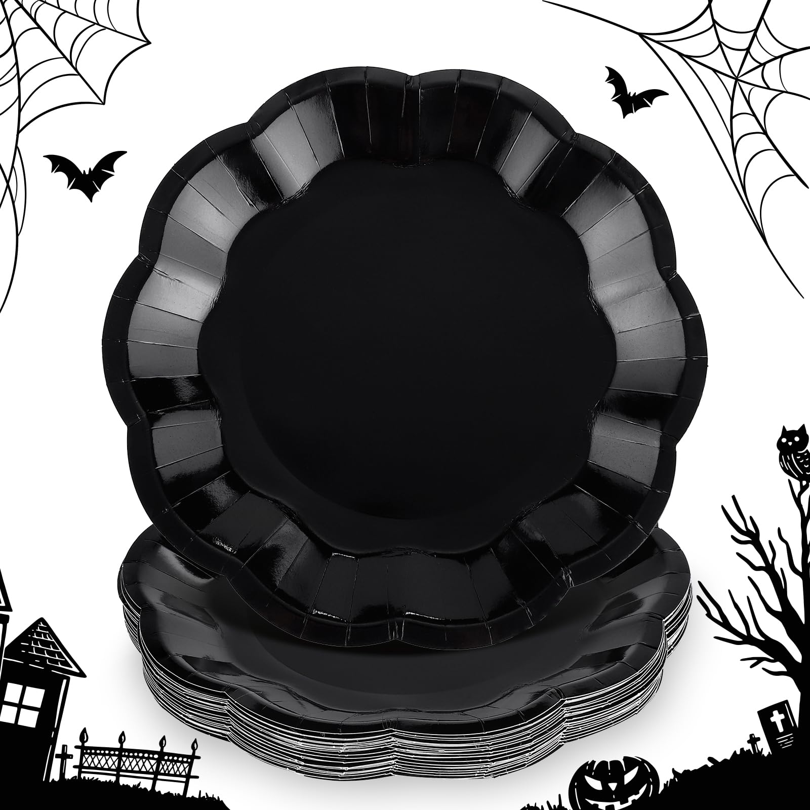 30 Pcs Black Paper Plates, 7 Inch Scalloped Halloween Plates Disposable