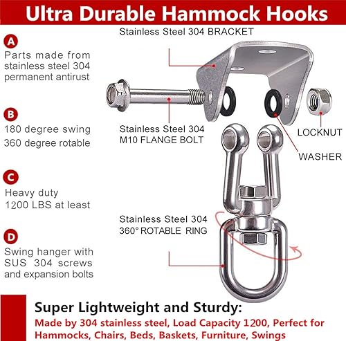 Miniatura 3 de Kit para colgar hamacas, capacidad de 1200 libras, resistente rotación de 360°, accesorios de columpio para patio al aire libre, colgador giratorio