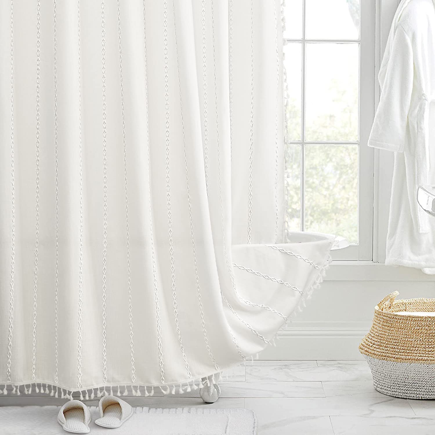 Awellife Ensemble de rideaux de douche en coton et lin de qualité supérieure - Style rustique chic - Style bohème - Imperméable et lavable - 152,4 x 183,9 cm - Blanc crème