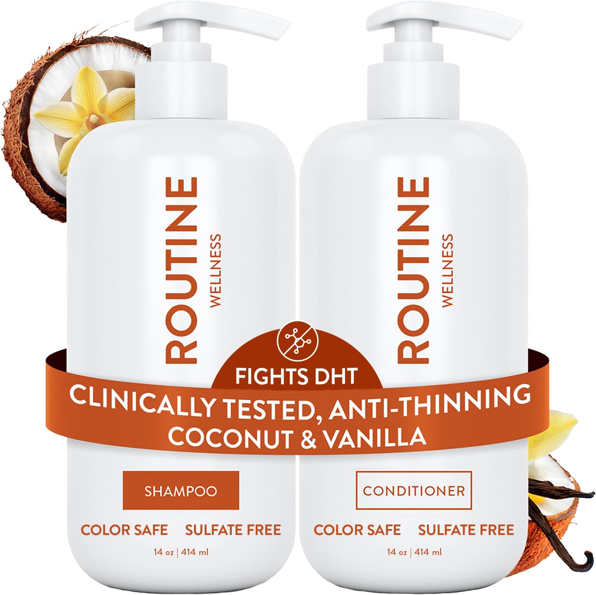 Routine Wellness Anti-Thinning Shampoo and Conditioner Set for Thinning Hair - Biotin DHT Blocker Women & Men - Color Safe Shampoo for Hair Loss & Healthier Growth - Coconut & Vanilla (Pack of 2)