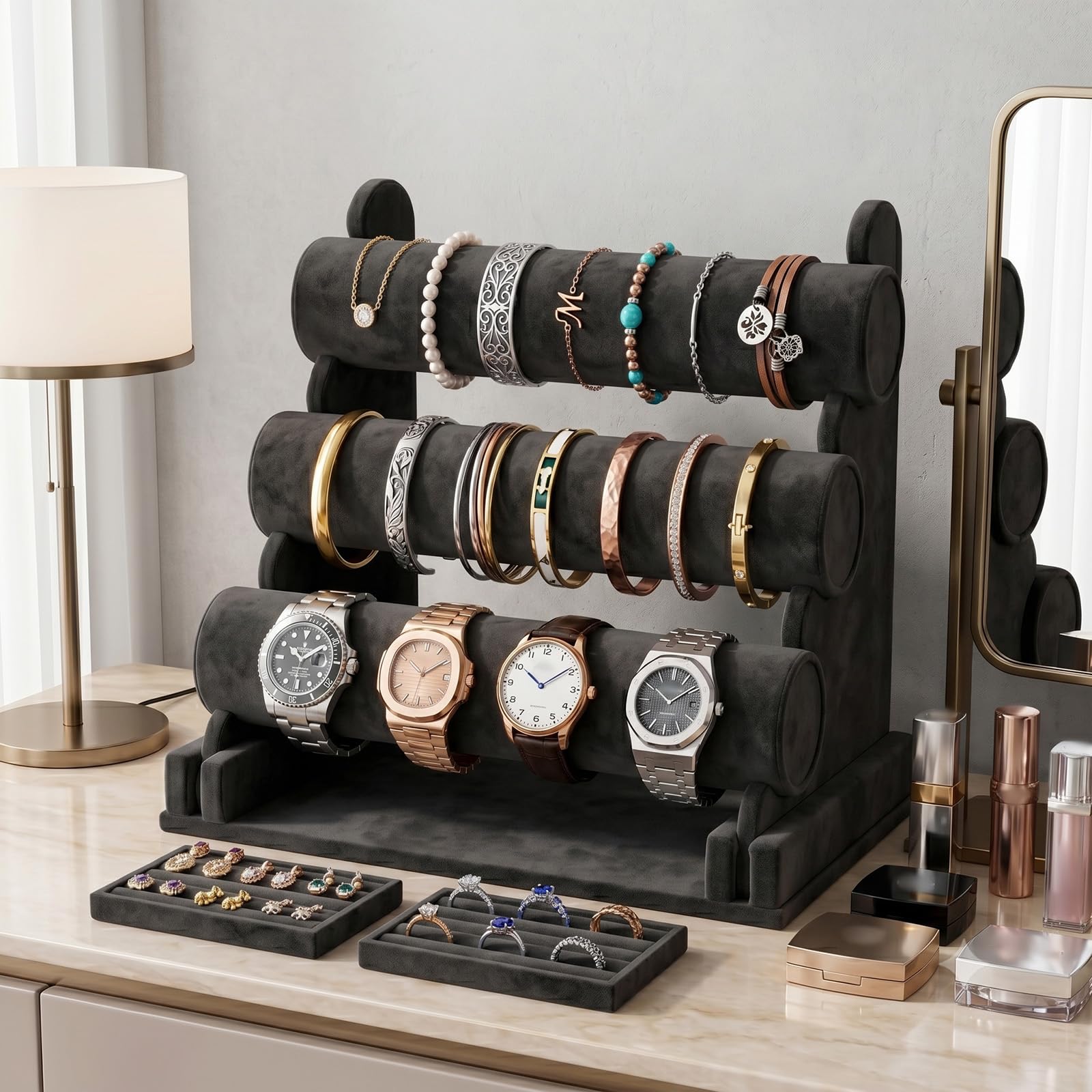 powerking Black Velvet T-bar Bracelet Watch Jewelry stand display, 3 ripiani
