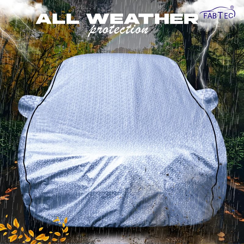Image of FABTEC Metallic Silver Waterproof Car Body Cover for Maruti Celerio Sun, UV and Dust Protection with Mirror Pocket (Reflective Silver with Black Piping)
