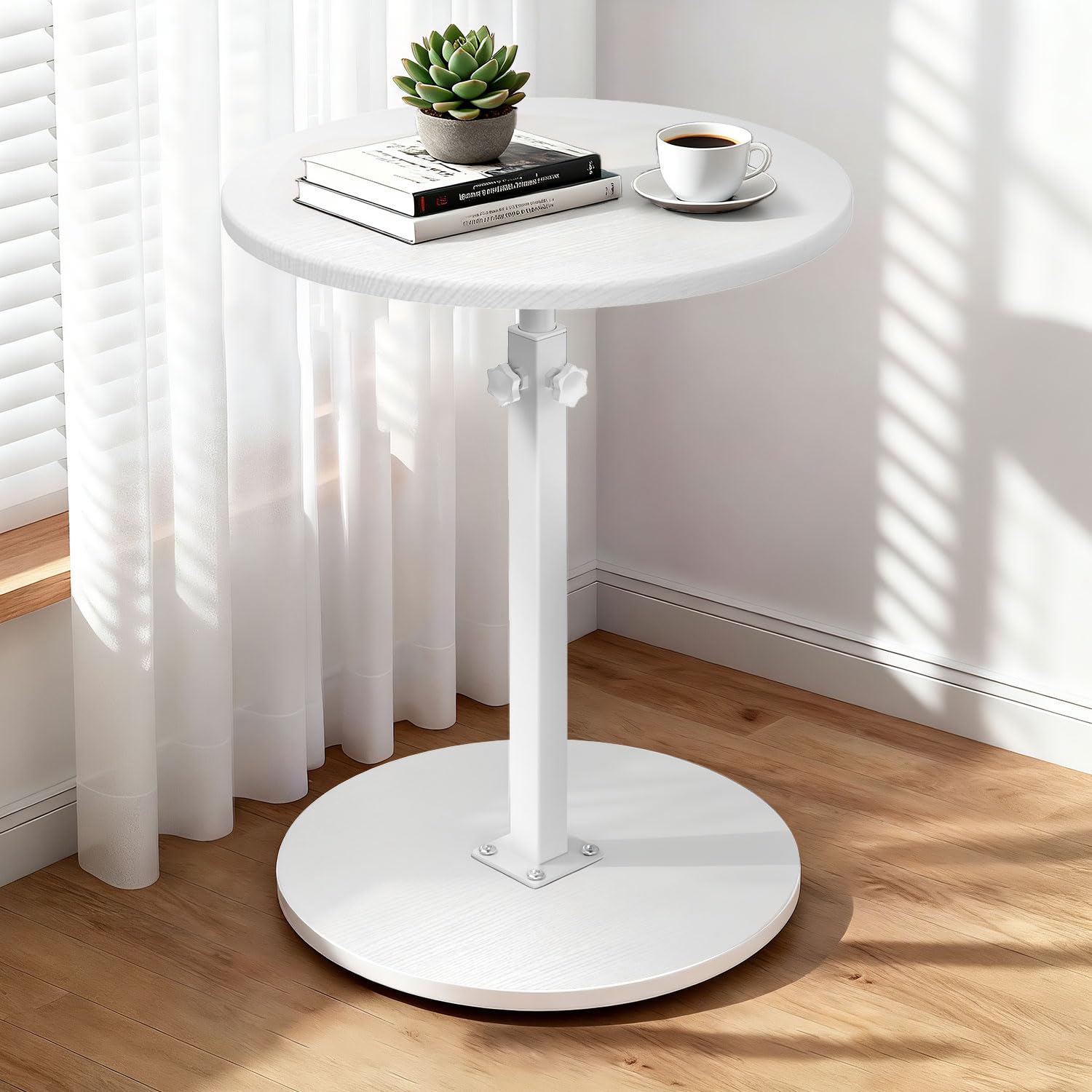Tavolino in legno regolabile in altezza 45-77 cm, tavolino in legno con ruote, tavolino rotondo, diametro piano del tavolo 40 cm, tavolini per divano, soggiorno, bancone bar, bianco