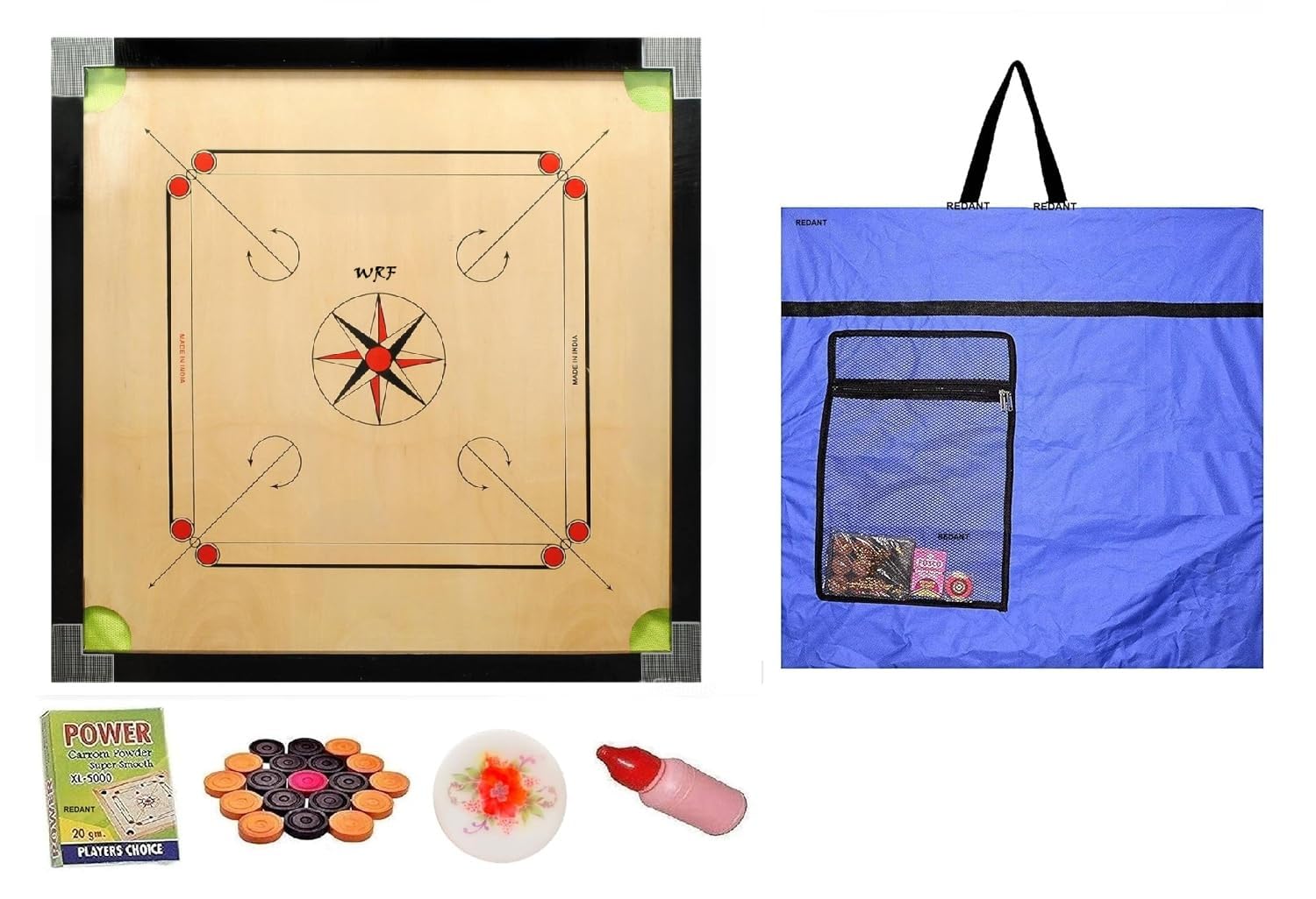 WRF Superior Matte Finish Practice Carrom Board for Serious Professional Practice with Coins Striker and Powder Black (32 INCH Cut with Blue Cover K_1)