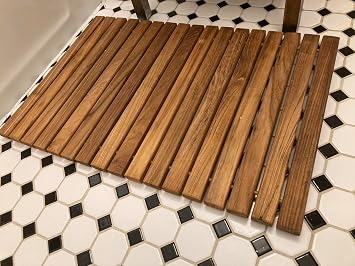 59" x 35" Teak Shower Mat, 100% Natural Teak Wood Bath Mat with Non-Slip Rubber Feet, Rollable Waterproof Floor Mat for Bathroom, Spa, Pool & Outdoor Shower, Oiled Finish