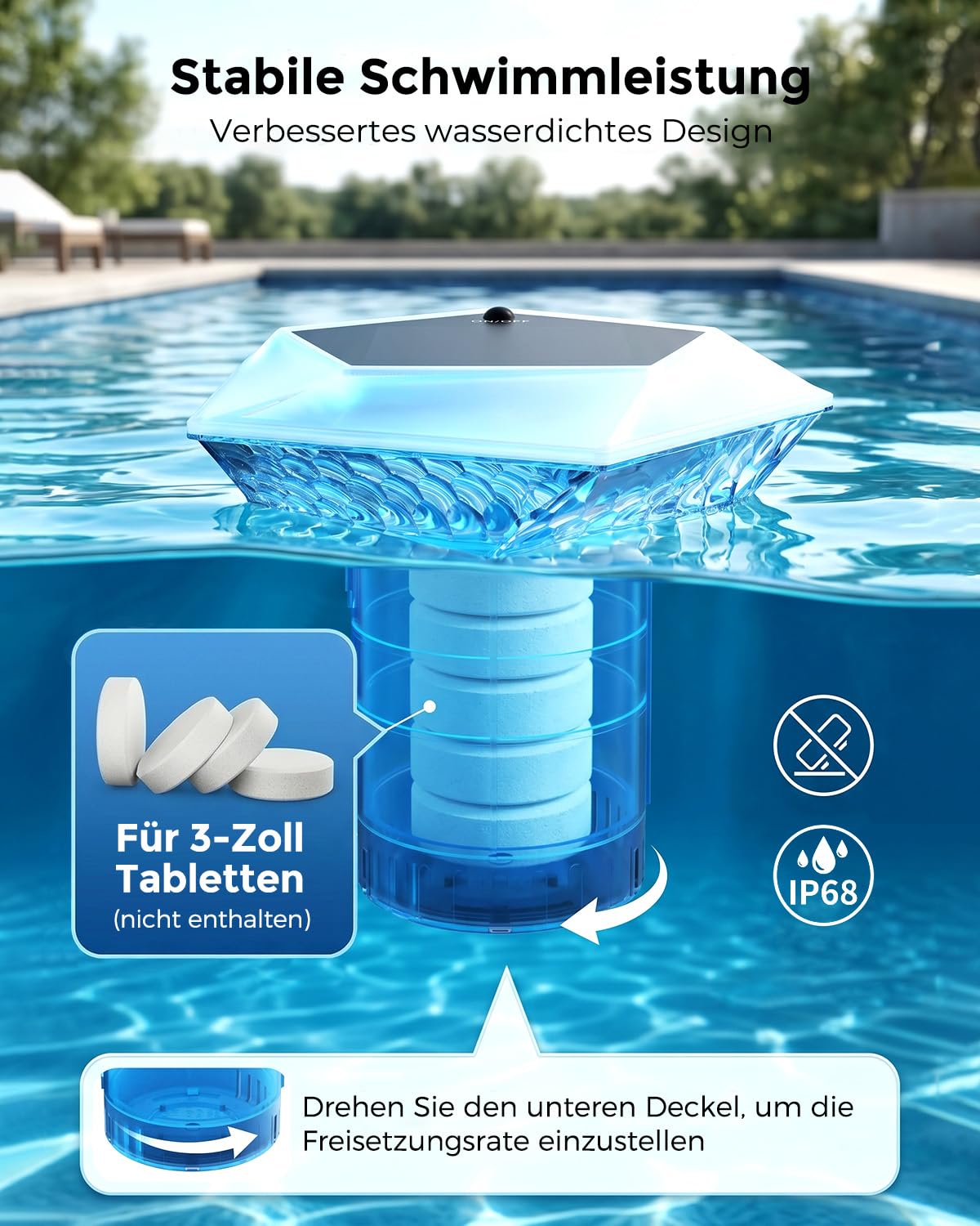 MYMULIKE Dosierschwimmer Pool, Solar Chlor Dosierschwimmer für 3" Chlortabletten, Groß Chlordosierer für Pool mit Poolbeleuchtung, Pool Chlor Dosierer- Einstellbare Freigabe Chlorspender (1 Stück)