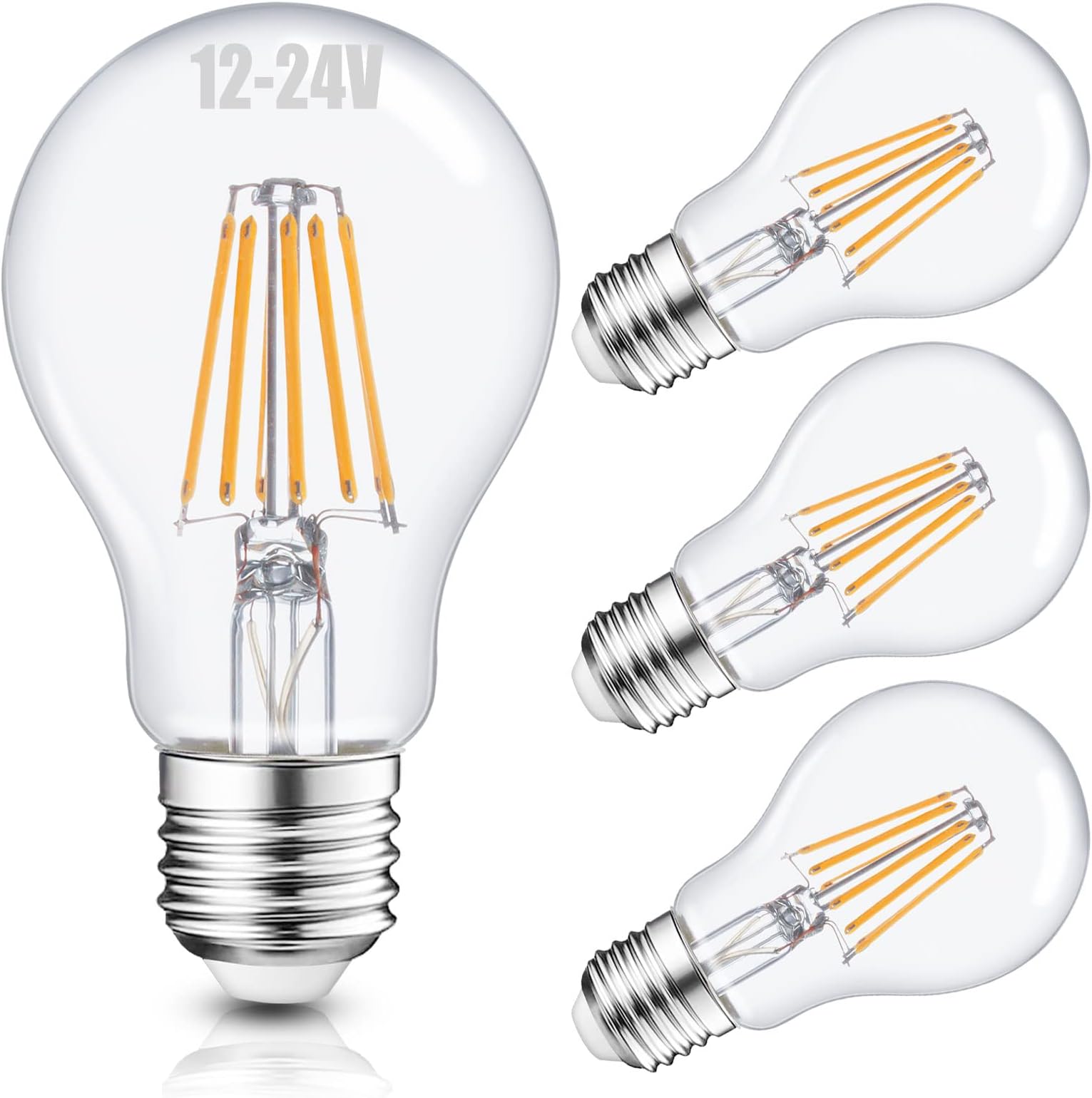 Haian 12V LED Bulb 6W 600Lm E26/E27 Standard Base 60W Equivalent 12 Volt Low Voltage Lights AC/DC 12-24V A19 Lamp,Warm White 2700K,Off Grid Solar Battery System Lighting,RV,Marine LED Lights,4 Pack