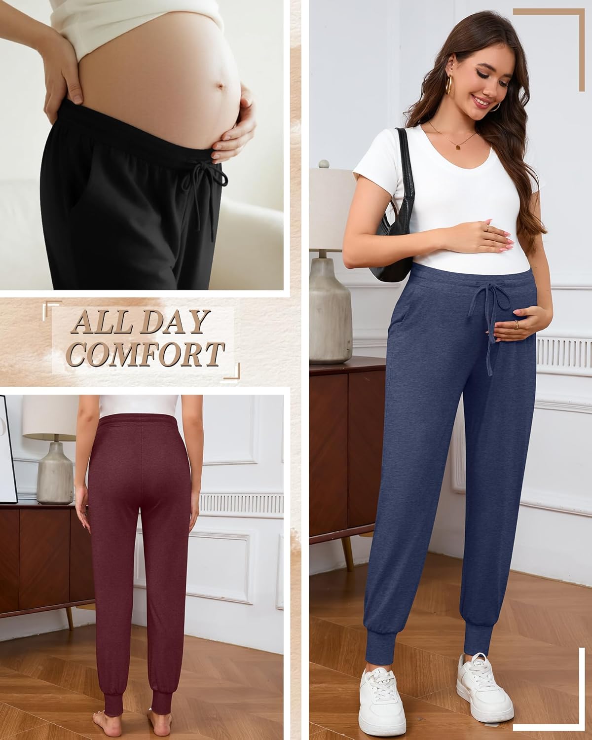 3 Pack Women's Lounge Maternity Pants, Casual Joggers Underbelly Pregnancy Sweatpants with Drawstring and Pockets - Image 3