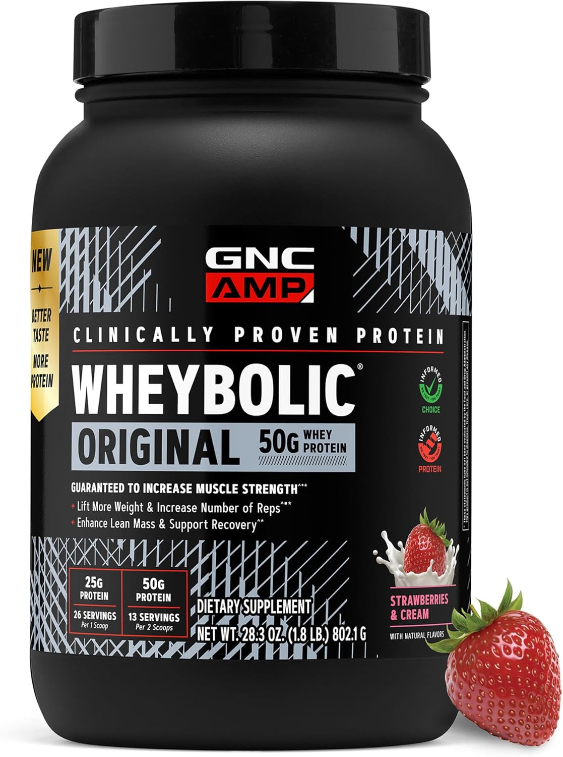 GNC AMP New Wheybolic- Clinically Studied Whey Protein Powder for Workout, Active Lifestyle- High Leucine Content- Smooth Mixing Drink Mix for Fitness Shake- Strawberries & Cream-28.3 Oz (13 Servings)