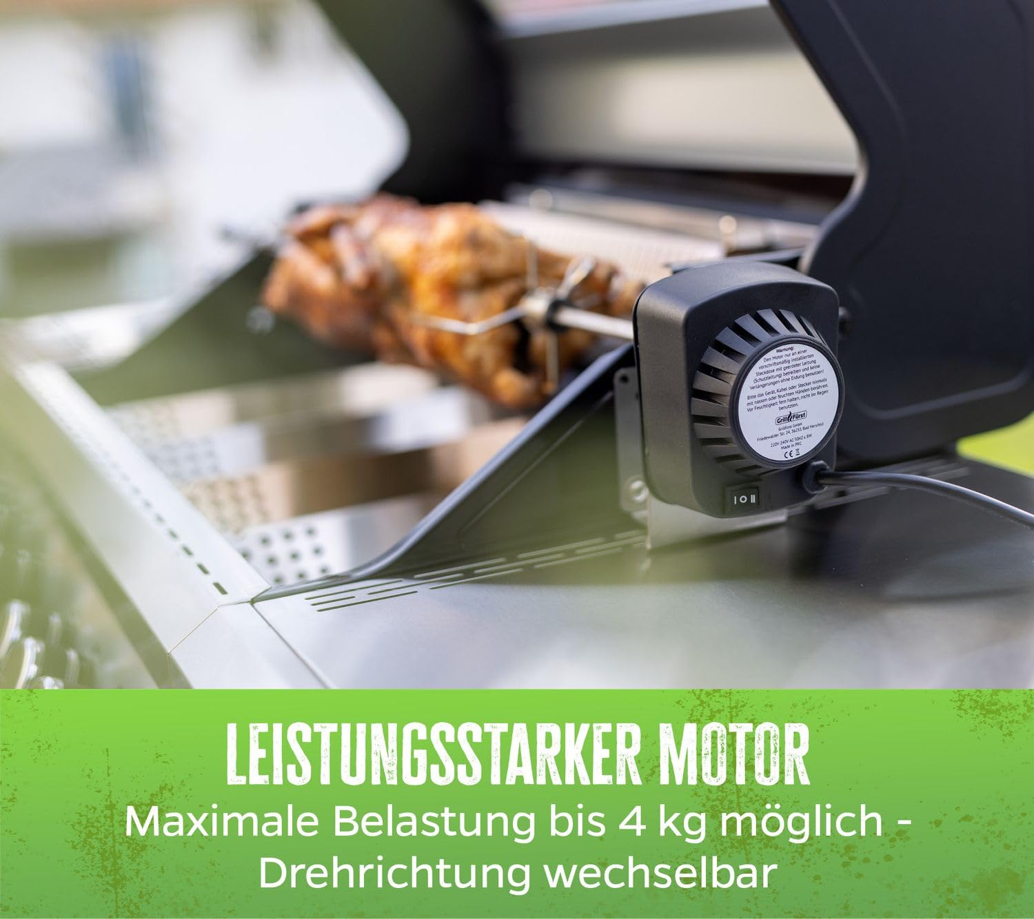 Grillfürst Universal Drehspieß - Grillspieß mit Motor für Gasgrill, Rotisserie Set aus Edelstahl inkl. 2 Fleischnadeln, Gesamtlänge: 95 cm