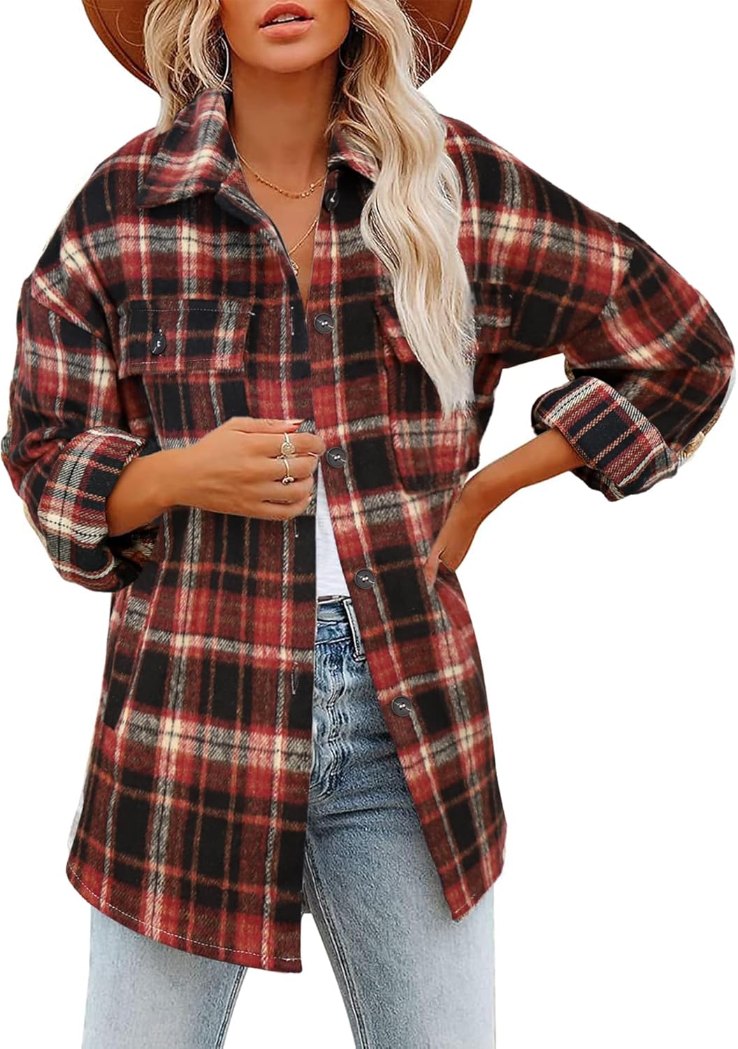 Beaully Women's Flannel Plaid Shacket 2025 Fall Outfits Long Sleeve Button Down Shirts Jacket Coats with Side Pockets