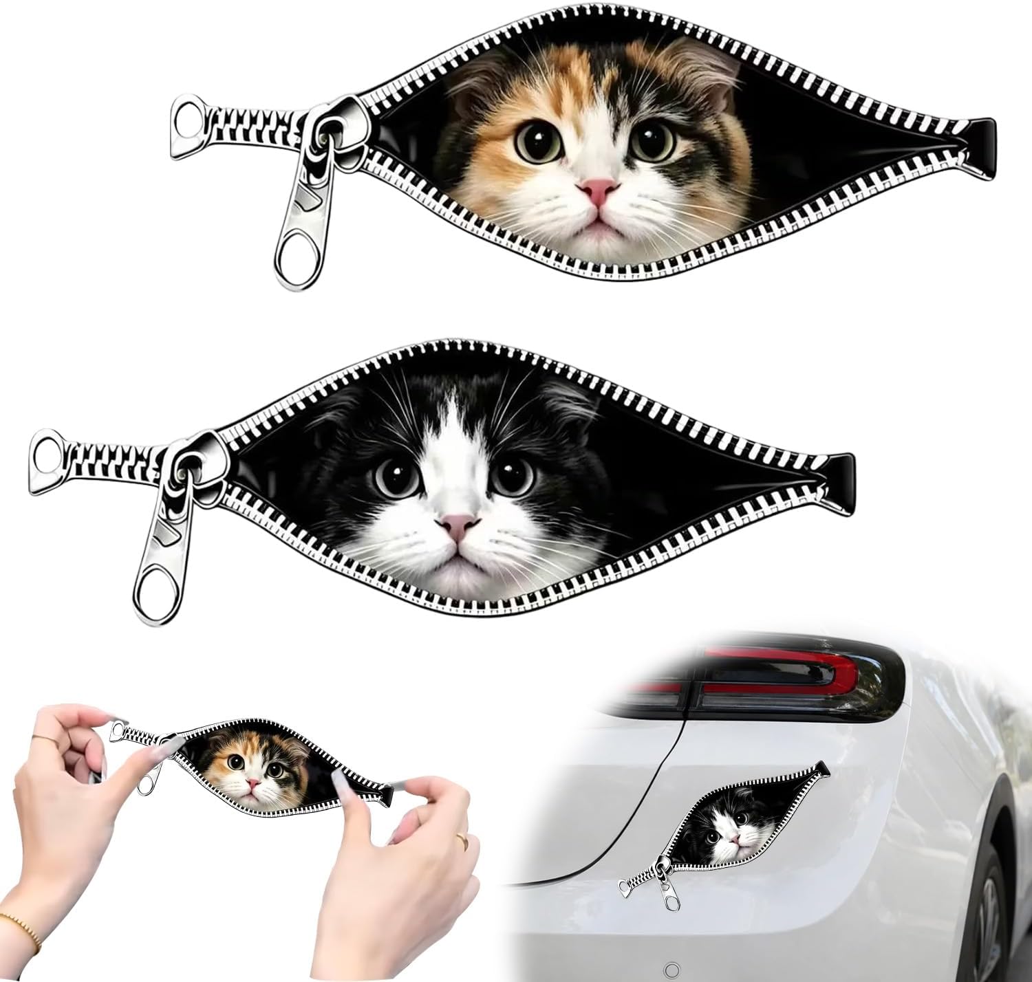 2 Pcs 2026 New Peek-a-Boo Cat Car Sticker Set, Cow Cat & Calico Cat, Funny 3D Zipper Design Waterproof Vinyl Decal for Car Window Bumper Laptop (Cow Calico Cat)