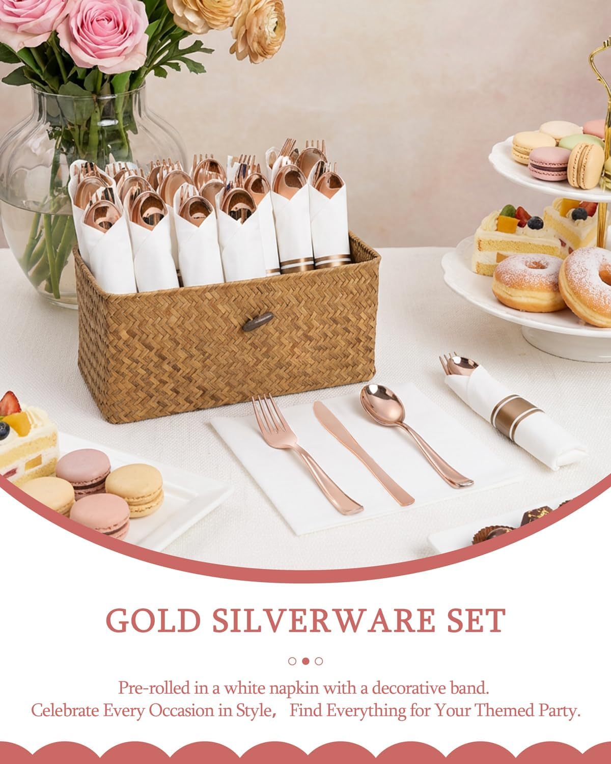 Supernal 240Pcs Rose Gold Plastic Silverware Set with Napkins - Pre Rolled Disposable Cutlery (60 Forks, 60 Knives, 60 Spoons) - Heavy Duty Utensils for Wedding, Bridal Shower & Elegant Parties