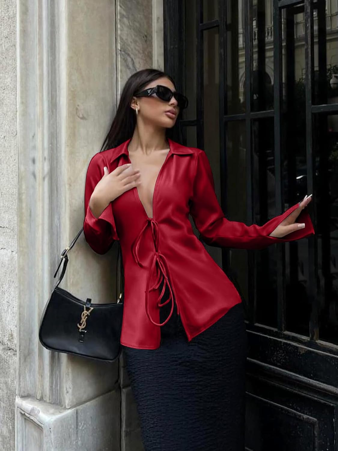 Womens Tie Front Satin Silk Blouse Sexy Deep V Neck Long Sleeve Open Front Club Tops Y2k Going Out Shirts - Image 5