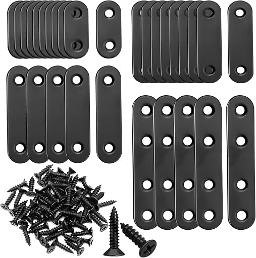 mankk 86PCS Black Straight Flat Metal Bracket Mending Plates Stainless Steel Flat Brace Brackets Fixed Connecting Plate for Wood Repair Fixing