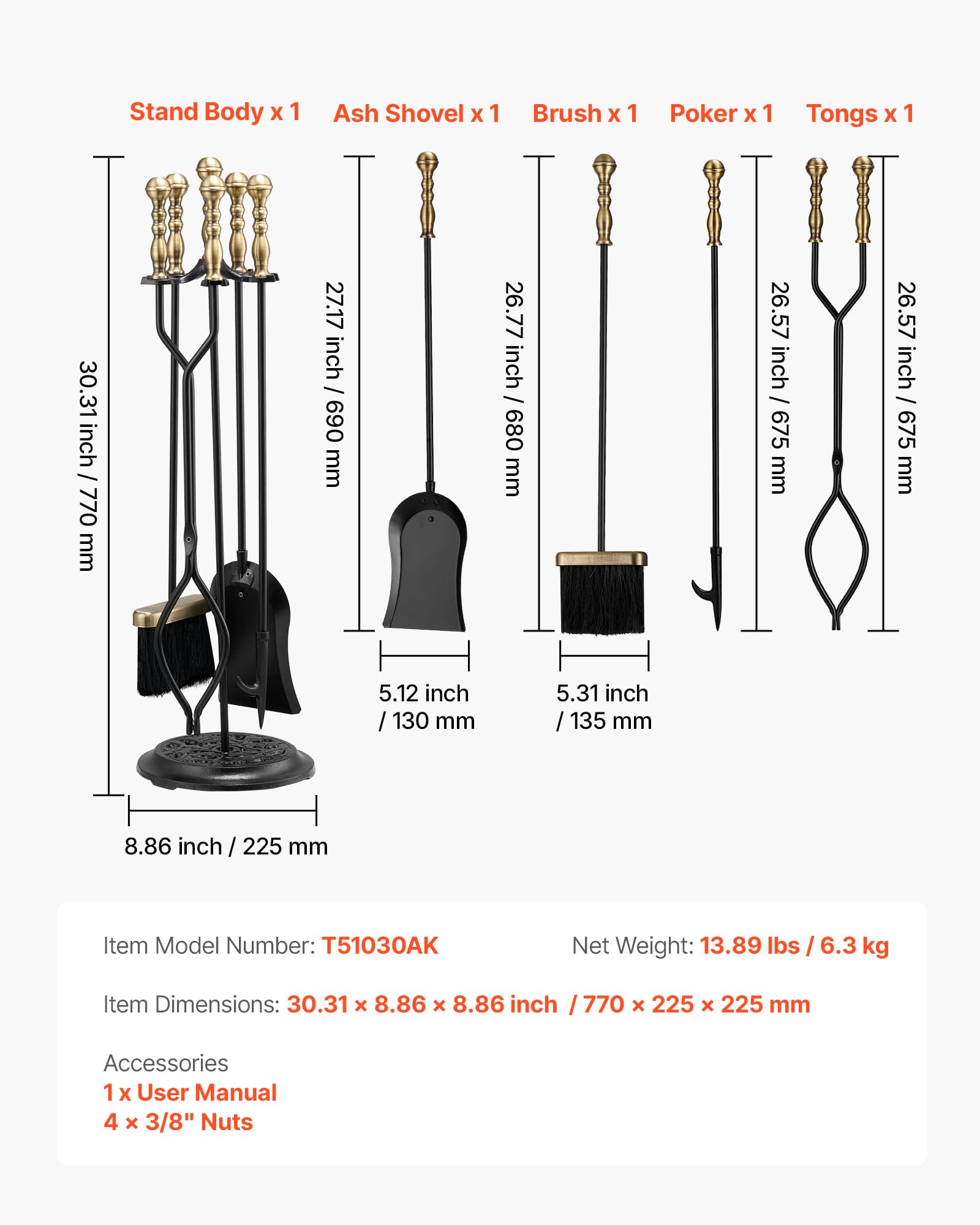 VEVOR Juego de 5 Herramientas para Chimenea de Hierro Forjado, con Soporte de Cinco Puntas, Pinzas, Pala para Cenizas, Cepillo y Atizador, Interior y Exterior, Negro y Latón, 770 x 225 x 225 mm