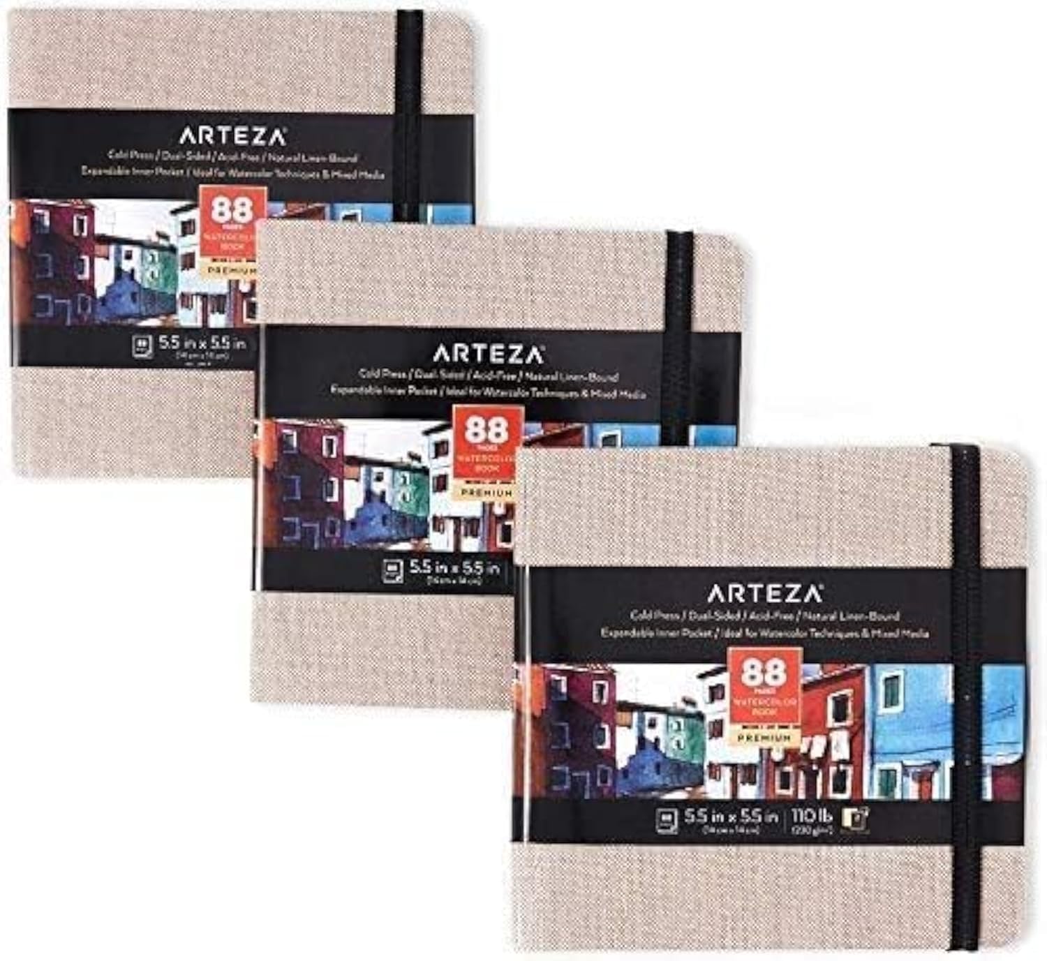 Arteza Watercolour Sketchbook 14 x 14 cm, Pack of 3, 88 Pages per Journal, 230gsm, Grey Hardcover, with Inner Pocket and Elastic Strap, Art Supplies for Watercolour Techniques and Mixed Media