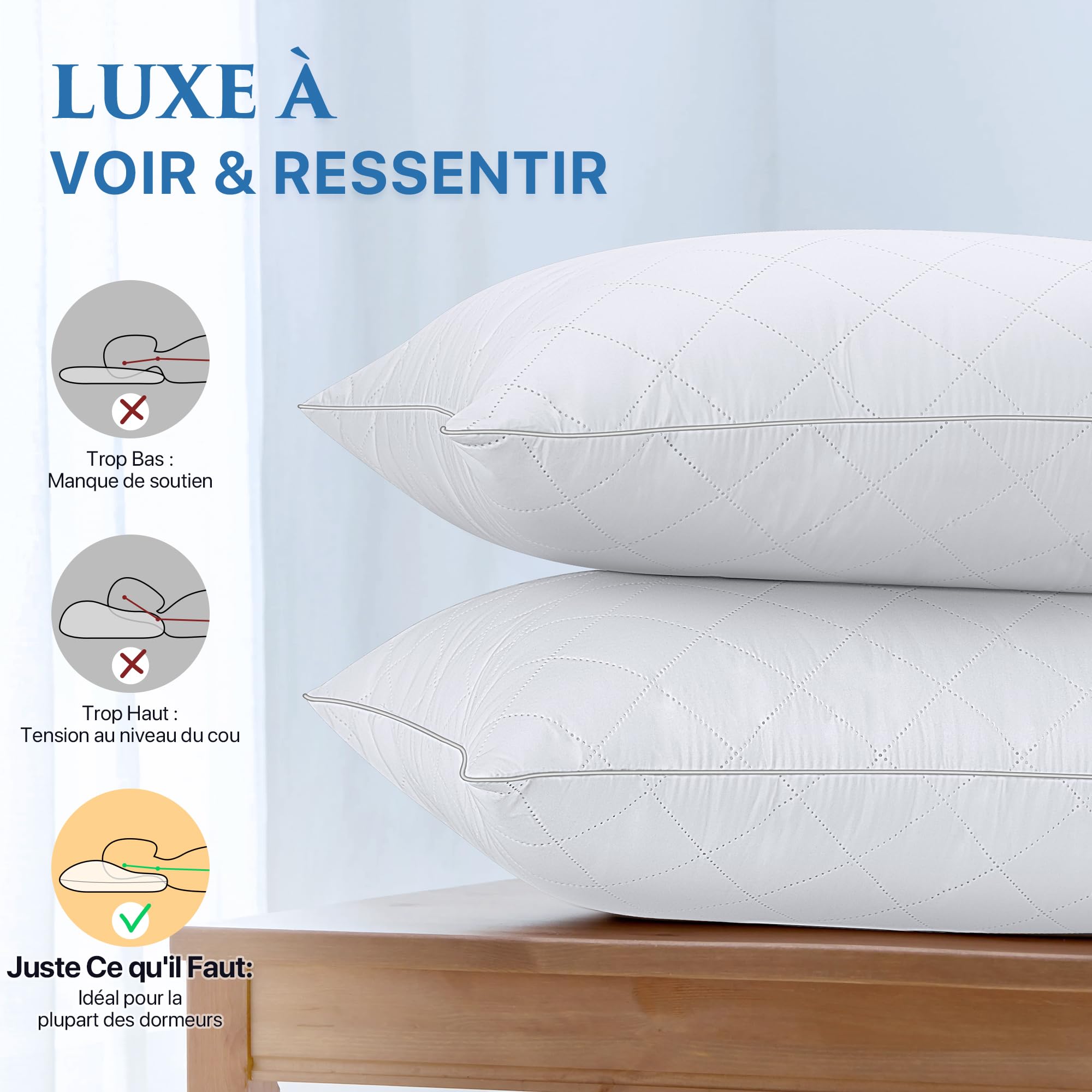 TESQ Oreiller 65x65 cm Lot de 2, Qualité Hôtelière, Certifié Oeko-TEX | Lavable, Confort Moelleux, Housse Respirante, Hypoallergénique, Adapté à Toutes Les Positions de Sommeil