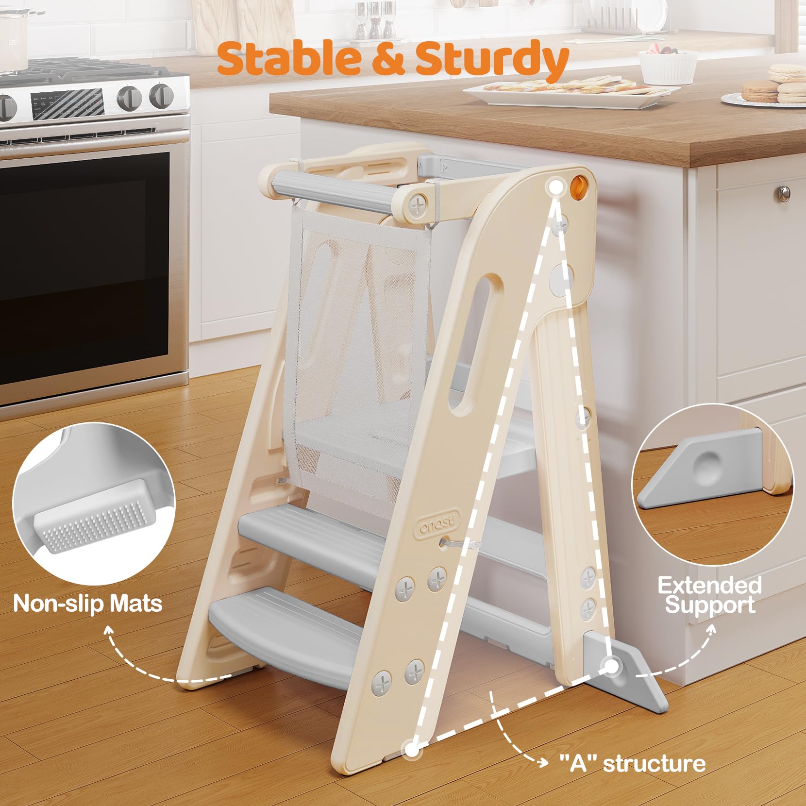Torre Montessoriana Pieghevole per Bambini, Sgabello a gradini regolabile in altezza per bambini (2–3 livelli), Learning Tower con Barra di Sicurezza, per Bancone Cucina Lavandino Bagno (Bianco)