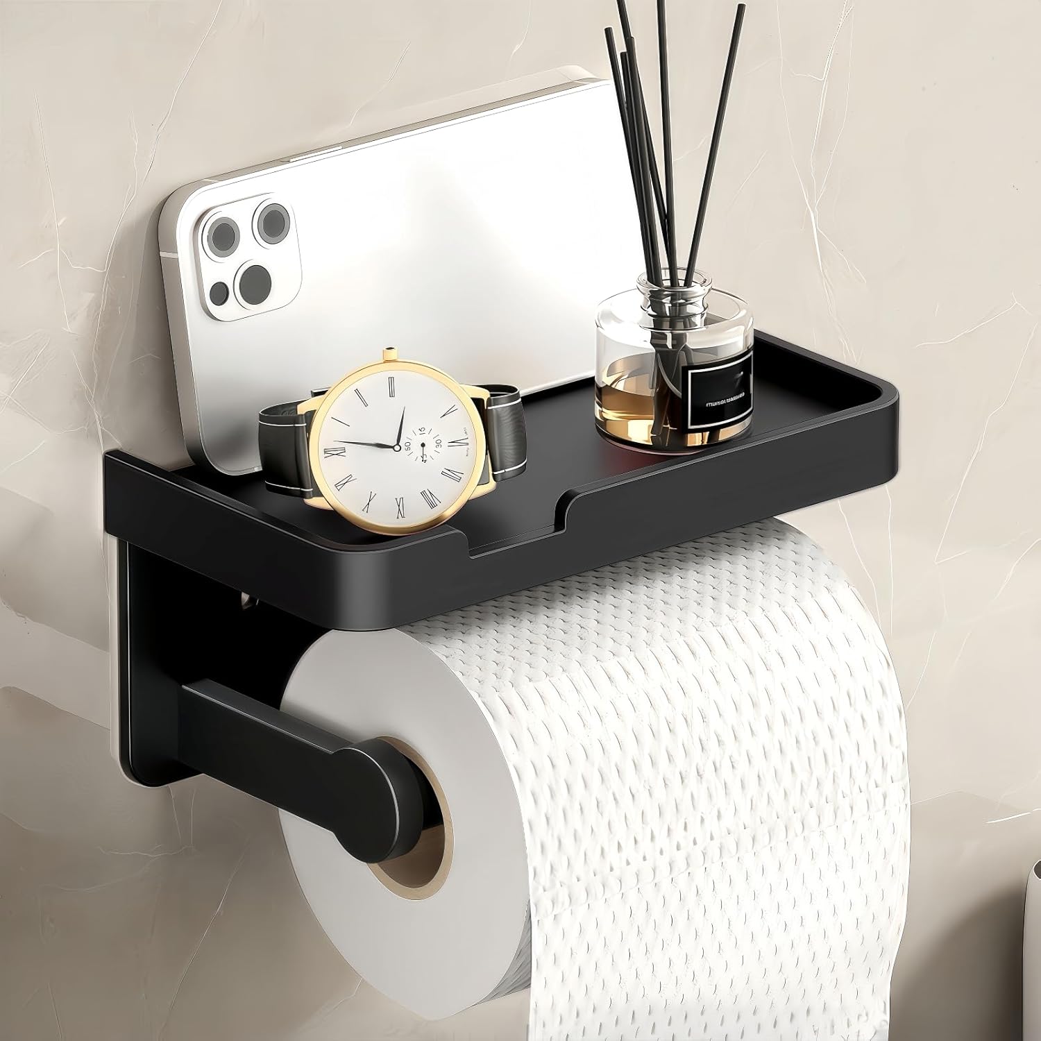 Adhesive Toilet Paper Holder and 2 Metal Hooks Combo - Rustproof Aluminum with Extra Adhesive Pads for Easy Replacement of Positions,Matte Black Toilet Paper Holder with Shelf(Wall Mount)