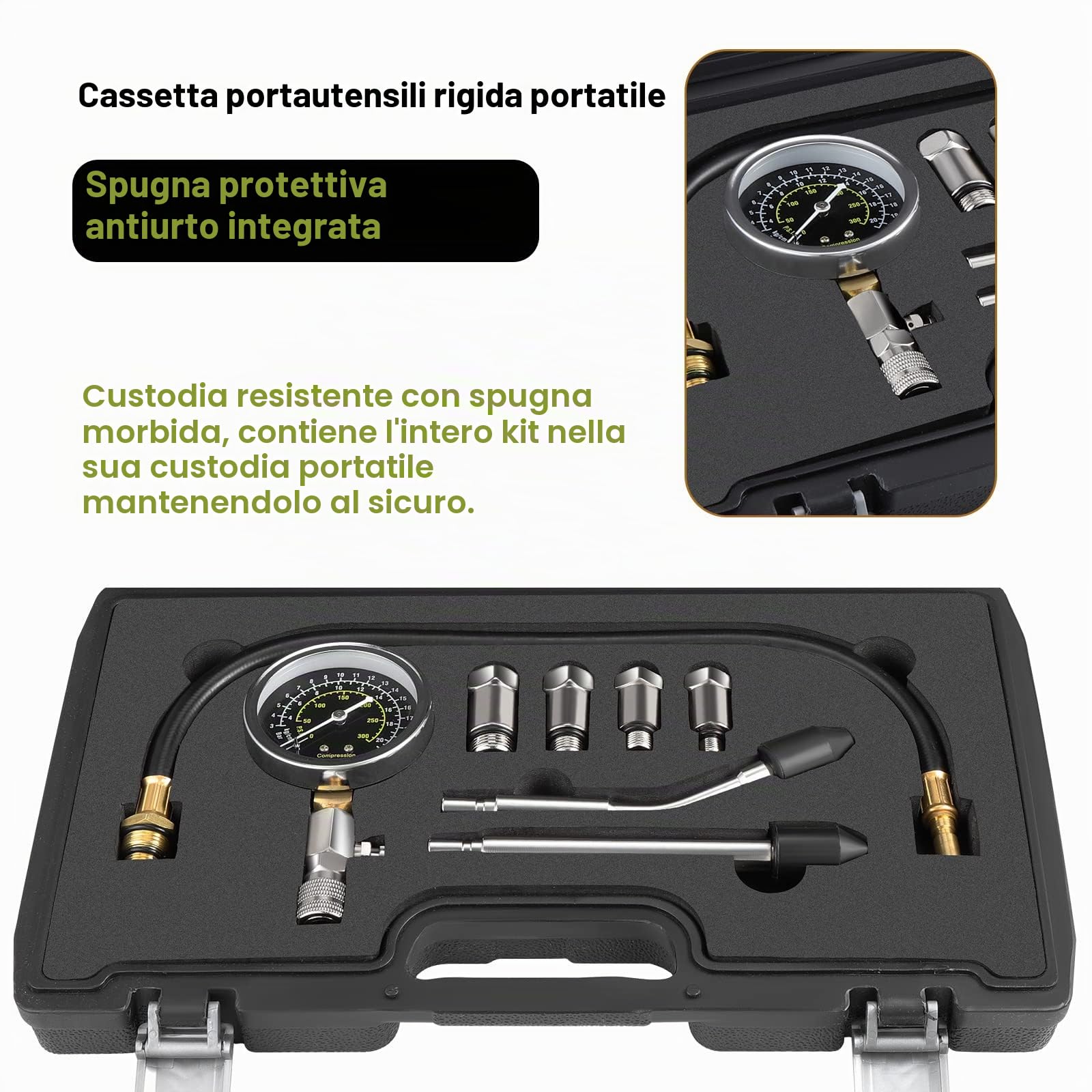Tester di compressione per cilindri, tester di compressione per motori a benzina, auto e moto kit tester di compressione strumento diagnostico