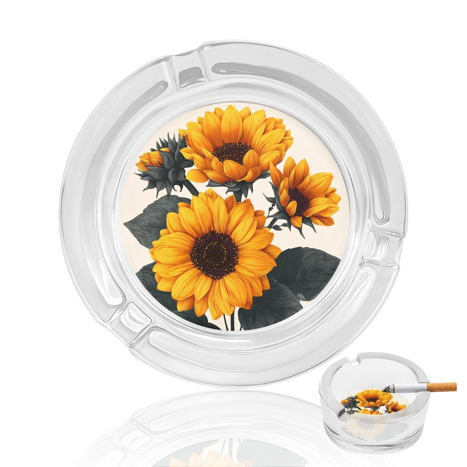 Sunflower Country Flowers Green Leaves Glass Ashtray for Cigarettes Portable Decorative Ash Trays for Home Office Decor