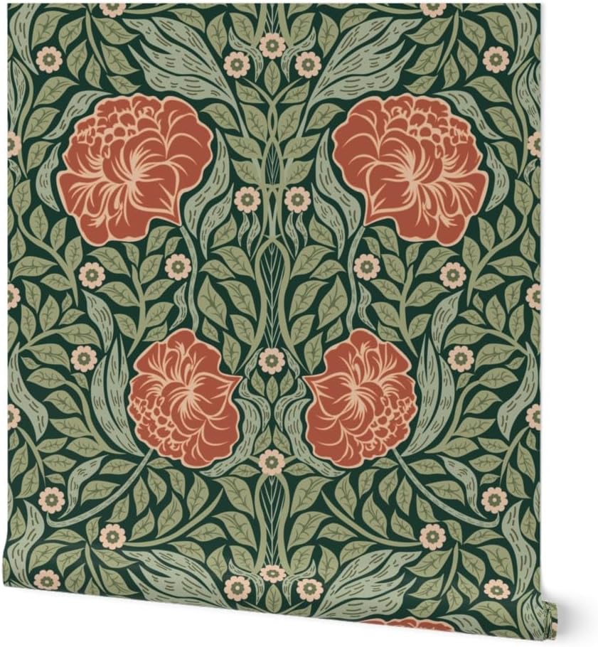 Peel & Stick Wallpaper 3ft x 2ft - Art Nouveau,William Morris,Antique Coral Green,Cottage,Arts and Crafts,Edwardian Botanical Custom Removable Wallpaper by Spoonflower