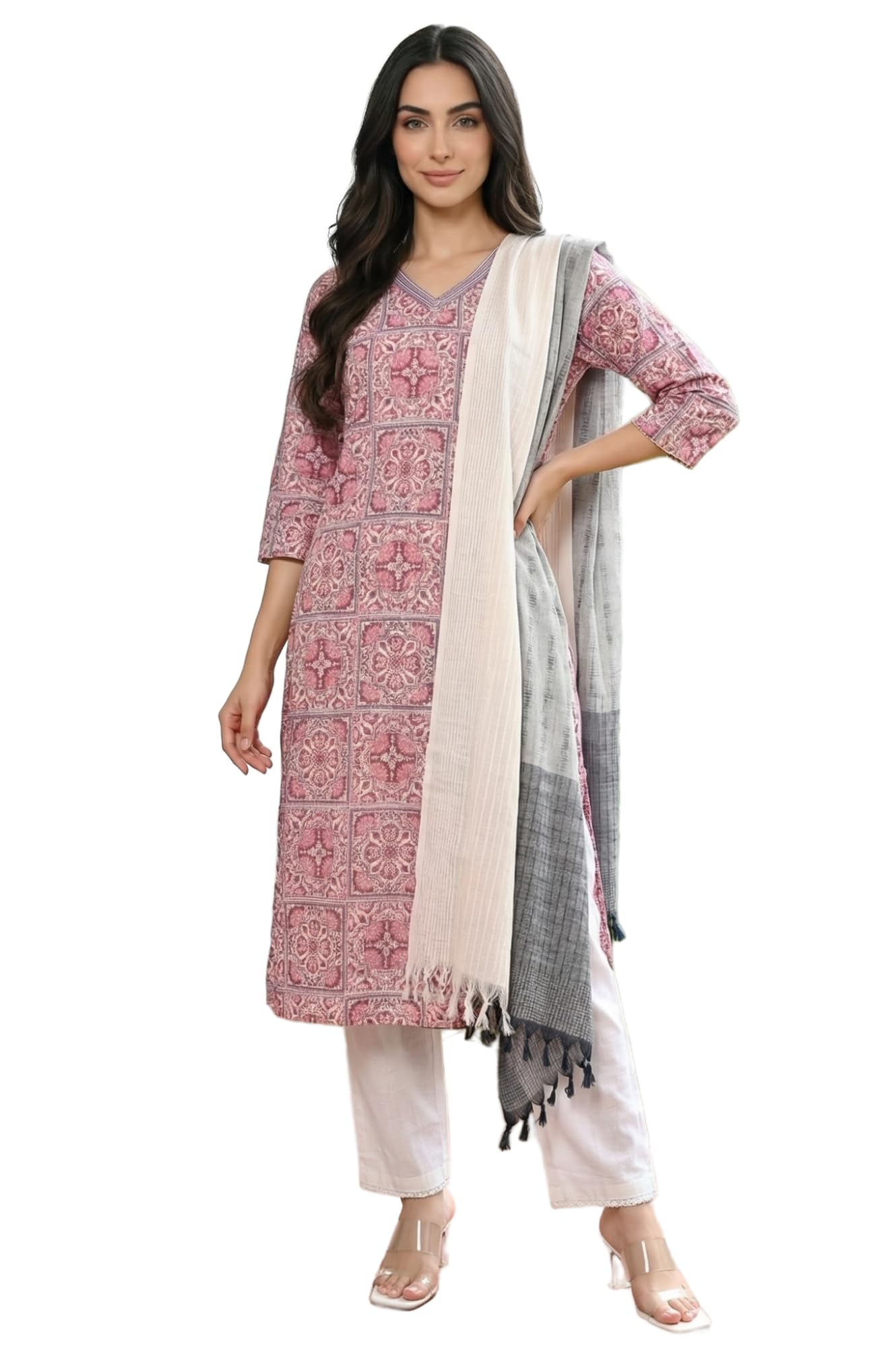 aurelia Women's Grey Yarn Dyed Tassels Striped Cotton Blend Dupatta-picture-10