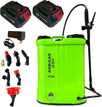 Battery Powered Sprayer 4.2 Gal - 18 V Dual Battery, Adjustable 0-100 PSI Pressure, 7 Nozzles, Telescopic Wand, Charger Included, Electric Sprayer, Lawn & Garden Use