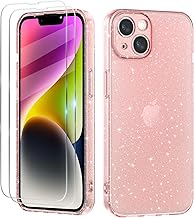 Case Compatible with iPhone 14, 2-Piece Tempered Glass Screen Protector, Clear Glitter Case in Soft Silicone Transparent Case Cover – Pink
