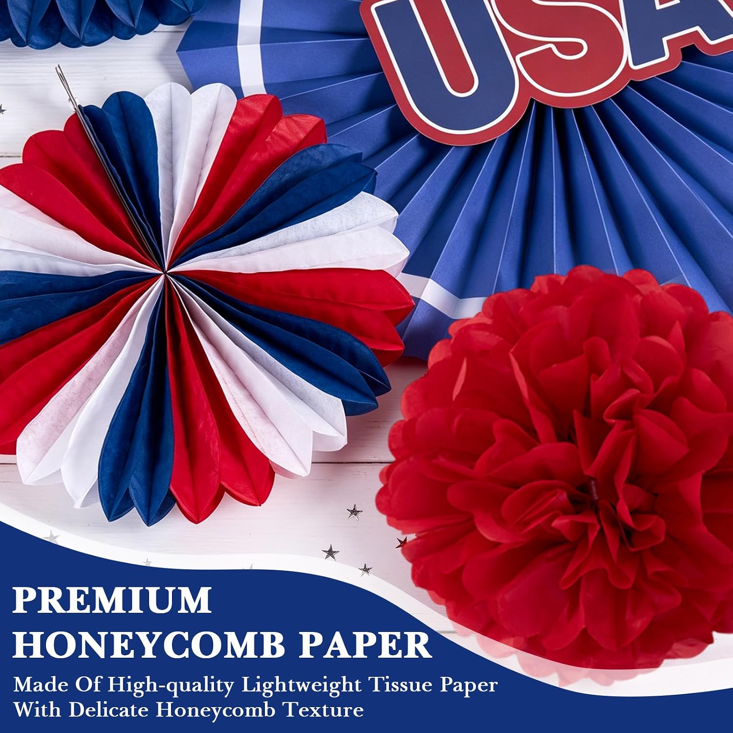 4th of July Decorations Party in the US,Patriotic Decoration Paper Fan with America Banner，Red White And Blue Decorations for Birthday Decorations，Independence Day,Presidents Day,Puerto Rico Party image 3