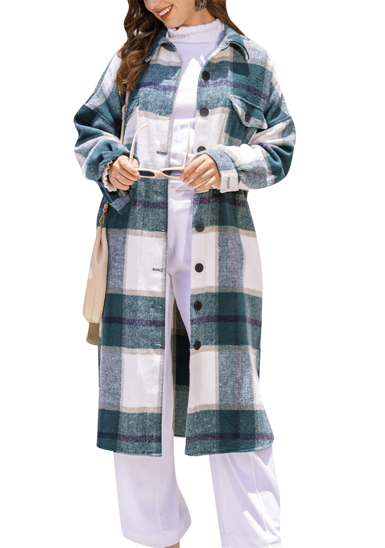 Mujeres Lapel Coat Baggy Botón Shackets Manga Larga Blusa Casual Check Blusa Outfit Con Bolsillos
