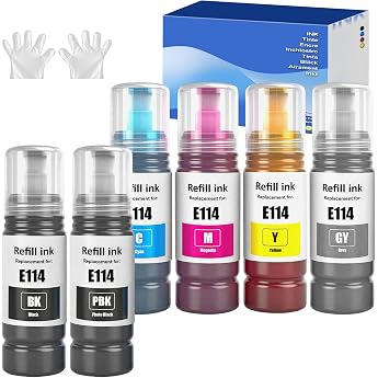 SHUOLEI 114 Ink Compatible with Epson 114 Ink Cartridges Refill Ink Multipack for EP ET-8500 ET-8550 (6-Pack, Black/Photo Bla