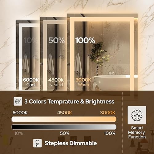 Miniatura 3 de Espejo de baño LED de 30 x 36 pulgadas con luces regulables, espejo de tocador con luz antiniebla, frontal y retroiluminado, vidrio templado, 3