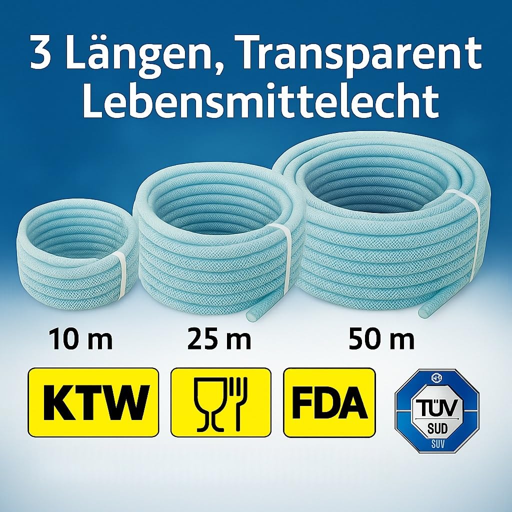 Fittingstore - PVC-Schlauch mit Gewebeeinlage Transparent, Lebensmittelqualität, 10, 25 und 50 Meter Rolle, verschiedene Größen (Innen Ø: 8 mm, Länge: 50 Meter)
