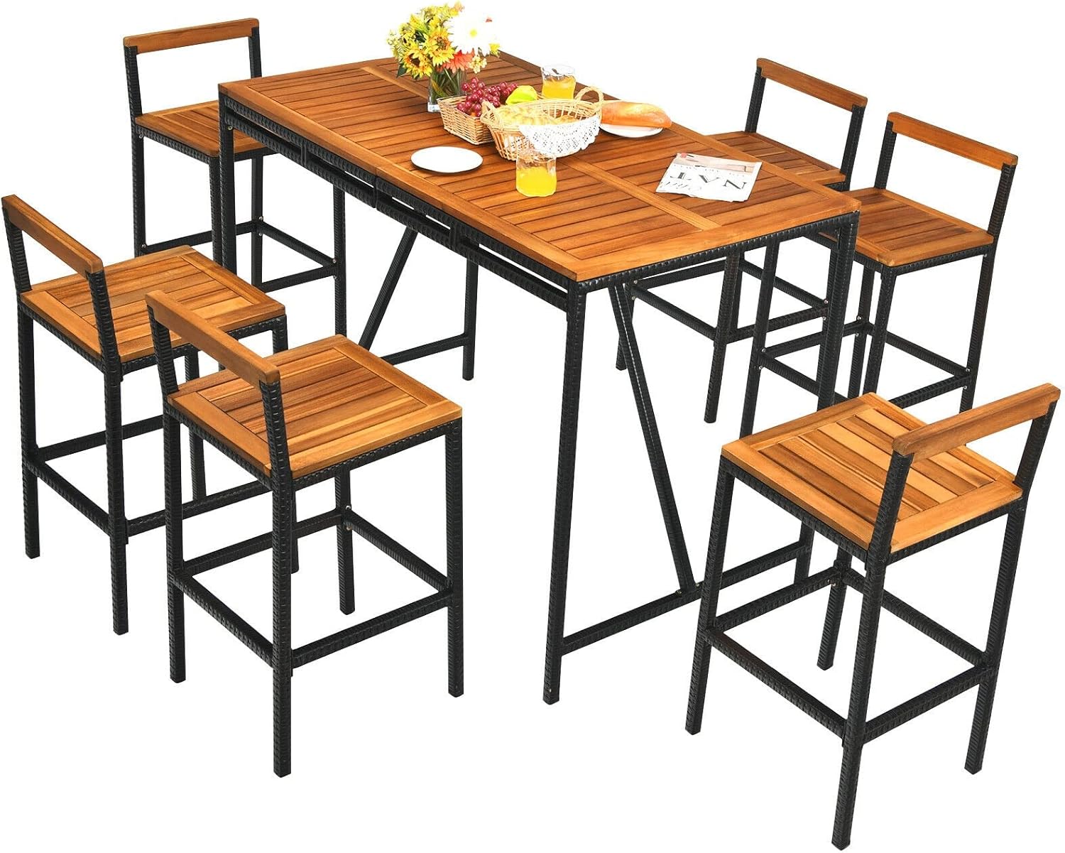 7PCS Patio Rattan Bar Set Acacia Wood Frame Stools Table Umbrella Hole Outdoor Bar Set