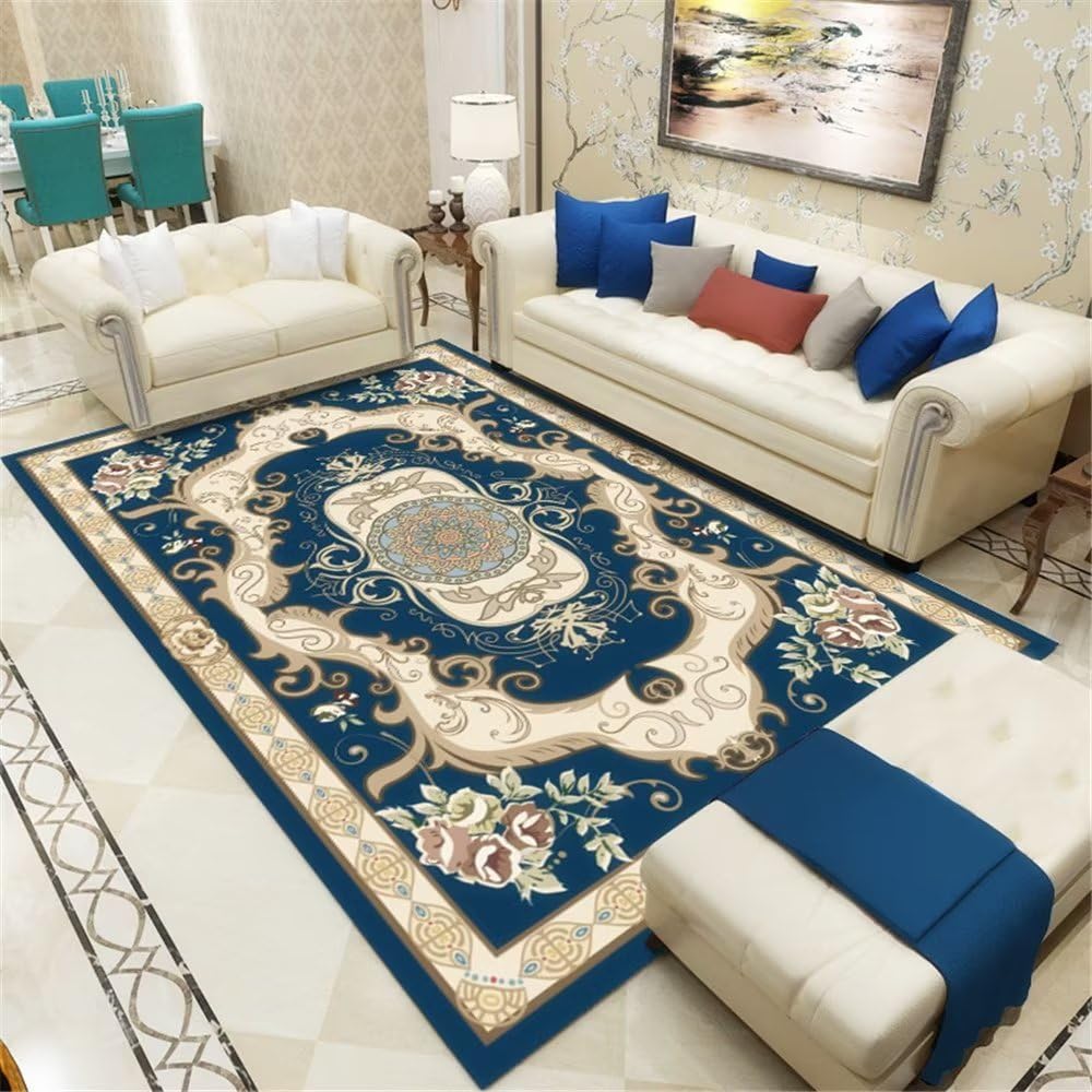 Tapis de salon bleu fonce 120x180cm anti salissure pour sol froid et bruyant